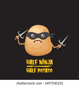 Half ninja half potato character with black super hero ninja mask and knife sai isolated on black background. super ninja kawaii vegetable food character for printing on t shirt