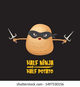 Half ninja half potato character with black super hero ninja mask and knife sai isolated on black background. super ninja kawaii vegetable food character for printing on t shirt