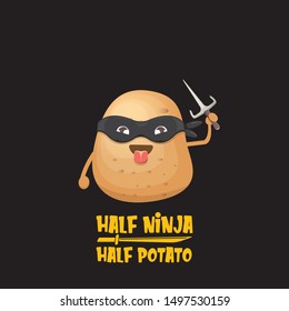 Half ninja half potato character with black super hero ninja mask and knife sai isolated on black background. super ninja kawaii vegetable food character for printing on t shirt