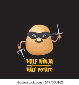 Half ninja half potato character with black super hero ninja mask and knife sai isolated on black background. super ninja kawaii vegetable food character for printing on t shirt