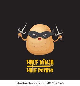 Half ninja half potato character with black super hero ninja mask and knife sai isolated on black background. super ninja kawaii vegetable food character for printing on t shirt