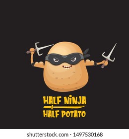 Half ninja half potato character with black super hero ninja mask and knife sai isolated on black background. super ninja kawaii vegetable food character for printing on t shirt