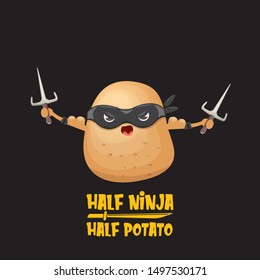 Half ninja half potato character with black super hero ninja mask and knife sai isolated on black background. super ninja kawaii vegetable food character for printing on t shirt