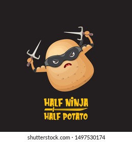 Half ninja half potato character with black super hero ninja mask and knife sai isolated on black background. super ninja kawaii vegetable food character for printing on t shirt