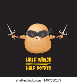 Half ninja half potato character with black super hero ninja mask and knife sai isolated on black background. super ninja kawaii vegetable food character for printing on t shirt