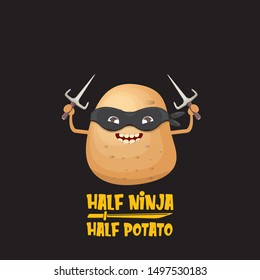 Half ninja half potato character with black super hero ninja mask and knife sai isolated on black background. super ninja kawaii vegetable food character for printing on t shirt