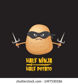 Half ninja half potato character with black super hero ninja mask and knife sai isolated on black background. super ninja kawaii vegetable food character for printing on t shirt