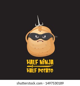 Half ninja half potato character with black super hero ninja mask and knife sai isolated on black background. super ninja kawaii vegetable food character for printing on t shirt