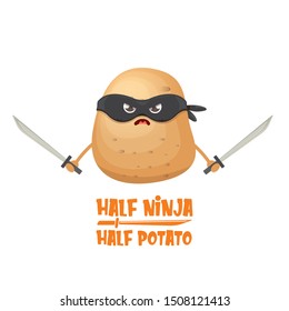 Half ninja half potato character with black super hero ninja mask and sword katana isolated on white background. super ninja kawaii vegetable food character for printing on t shirt