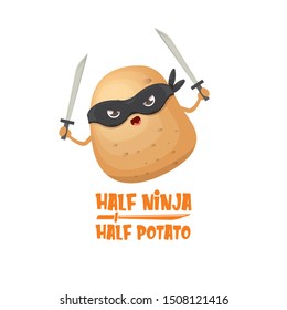 Half ninja half potato character with black super hero ninja mask and sword katana isolated on white background. super ninja kawaii vegetable food character for printing on t shirt