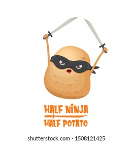 Half ninja half potato character with black super hero ninja mask and sword katana isolated on white background. super ninja kawaii vegetable food character for printing on t shirt