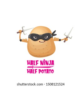 Half ninja half potato character with black super hero ninja mask and knife sai isolated on white background. super ninja kawaii vegetable food character for printing on t shirt