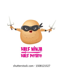 Half ninja half potato character with black super hero ninja mask and knife sai isolated on white background. super ninja kawaii vegetable food character for printing on t shirt