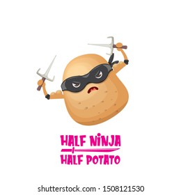 Half ninja half potato character with black super hero ninja mask and knife sai isolated on white background. super ninja kawaii vegetable food character for printing on t shirt