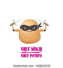 Half ninja half potato character with black super hero ninja mask and knife sai isolated on white background. super ninja kawaii vegetable food character for printing on t shirt