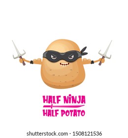 Half ninja half potato character with black super hero ninja mask and knife sai isolated on white background. super ninja kawaii vegetable food character for printing on t shirt