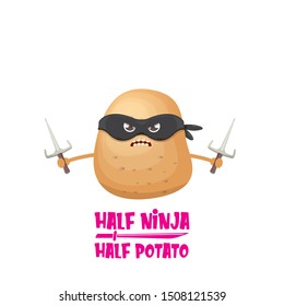 Half ninja half potato character with black super hero ninja mask and knife sai isolated on white background. super ninja kawaii vegetable food character for printing on t shirt