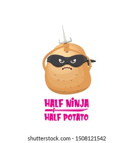 Half ninja half potato character with black super hero ninja mask and knife sai isolated on white background. super ninja kawaii vegetable food character for printing on t shirt