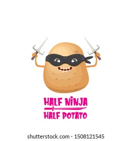 Half ninja half potato character with black super hero ninja mask and knife sai isolated on white background. super ninja kawaii vegetable food character for printing on t shirt