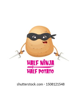 Half ninja half potato character with black super hero ninja mask and knife sai isolated on white background. super ninja kawaii vegetable food character for printing on t shirt