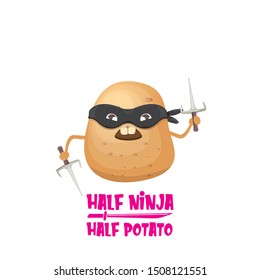 Half ninja half potato character with black super hero ninja mask and knife sai isolated on white background. super ninja kawaii vegetable food character for printing on t shirt