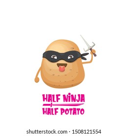 Half ninja half potato character with black super hero ninja mask and knife sai isolated on white background. super ninja kawaii vegetable food character for printing on t shirt