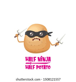 Half ninja half potato character with black super hero ninja mask and knife sai isolated on white background. super ninja kawaii vegetable food character for printing on t shirt