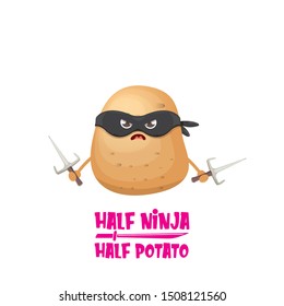 Half ninja half potato character with black super hero ninja mask and knife sai isolated on white background. super ninja kawaii vegetable food character for printing on t shirt