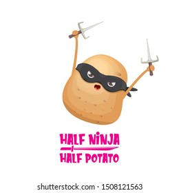 Half ninja half potato character with black super hero ninja mask and knife sai isolated on white background. super ninja kawaii vegetable food character for printing on t shirt