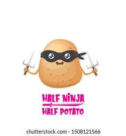 Half ninja half potato character with black super hero ninja mask and knife sai isolated on white background. super ninja kawaii vegetable food character for printing on t shirt