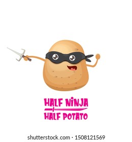 Half ninja half potato character with black super hero ninja mask and knife sai isolated on white background. super ninja kawaii vegetable food character for printing on t shirt