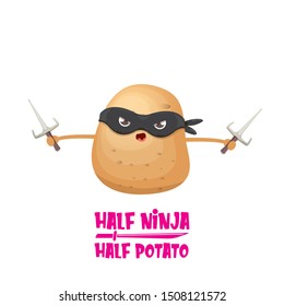 Half ninja half potato character with black super hero ninja mask and knife sai isolated on white background. super ninja kawaii vegetable food character for printing on t shirt