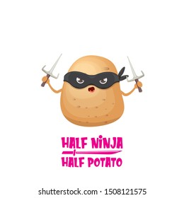 Half ninja half potato character with black super hero ninja mask and knife sai isolated on white background. super ninja kawaii vegetable food character for printing on t shirt