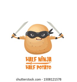 Half ninja half potato character with black super hero ninja mask and sword katana isolated on white background. super ninja kawaii vegetable food character for printing on t shirt