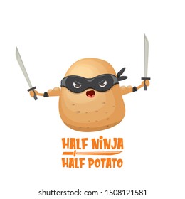 Half ninja half potato character with black super hero ninja mask and sword katana isolated on white background. super ninja kawaii vegetable food character for printing on t shirt