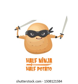 Half ninja half potato character with black super hero ninja mask and sword katana isolated on white background. super ninja kawaii vegetable food character for printing on t shirt