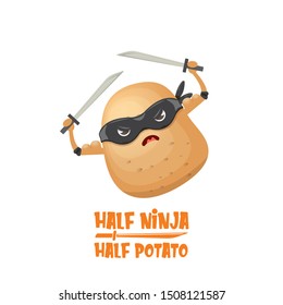Half ninja half potato character with black super hero ninja mask and sword katana isolated on white background. super ninja kawaii vegetable food character for printing on t shirt