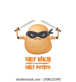 Half ninja half potato character with black super hero ninja mask and sword katana isolated on white background. super ninja kawaii vegetable food character for printing on t shirt