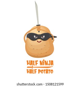 Half ninja half potato character with black super hero ninja mask and sword katana isolated on white background. super ninja kawaii vegetable food character for printing on t shirt