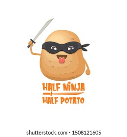 Half ninja half potato character with black super hero ninja mask and sword katana isolated on white background. super ninja kawaii vegetable food character for printing on t shirt