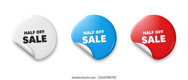 Half off sale. Price tag sticker with offer message. Special offer price sign. Advertising discounts symbol. Sticker tag banners. Discount label badge. Vector