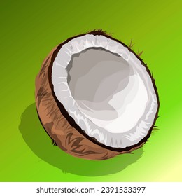 half an old coconut that has been peeled and halved, with a green background
