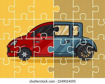 medio viejo medio coche moderno rompe con pinup de ilustración retro de arte pop vectorial. La imitación al estilo de un libro de historietas.