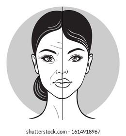 Half old woman portrait, half young woman face. Woman face before and after facelift. Vector illustration on a white background.  