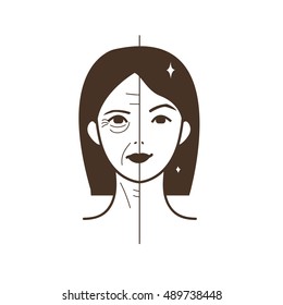 
Half Old Half Young Woman. Woman Face Before And After Facelift. Vector Illustration. 