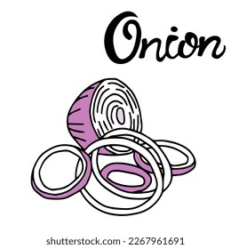 Half an onion bulb is purple. Chopped onion rings are scattered. vegetable with bitter taste, seasoning, flavoring, pungent taste. phytoncides