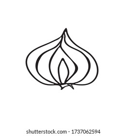 Half of onion vector illustration. Root vegetables coloring paper. Black hand-drawn doodle style silhouette of onion.