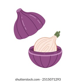 Half onions in special plastic container, onion case. Concept of useful things for kitchen. Vector illustration isolated on white background.
