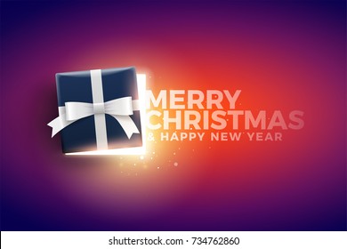 Half Open Christmas Gift Box With Magical Lights And Merry Christmas And Happy New Year Text. Surprise Concept. Ideal For Banner, Greeting Card, Poster Or Social Media Posts.