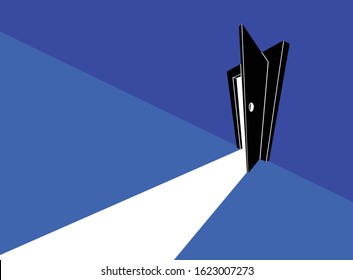 Half open door from the dark room, fear of the unknown vector concept illustration, bedroom scary nightmare theme.
